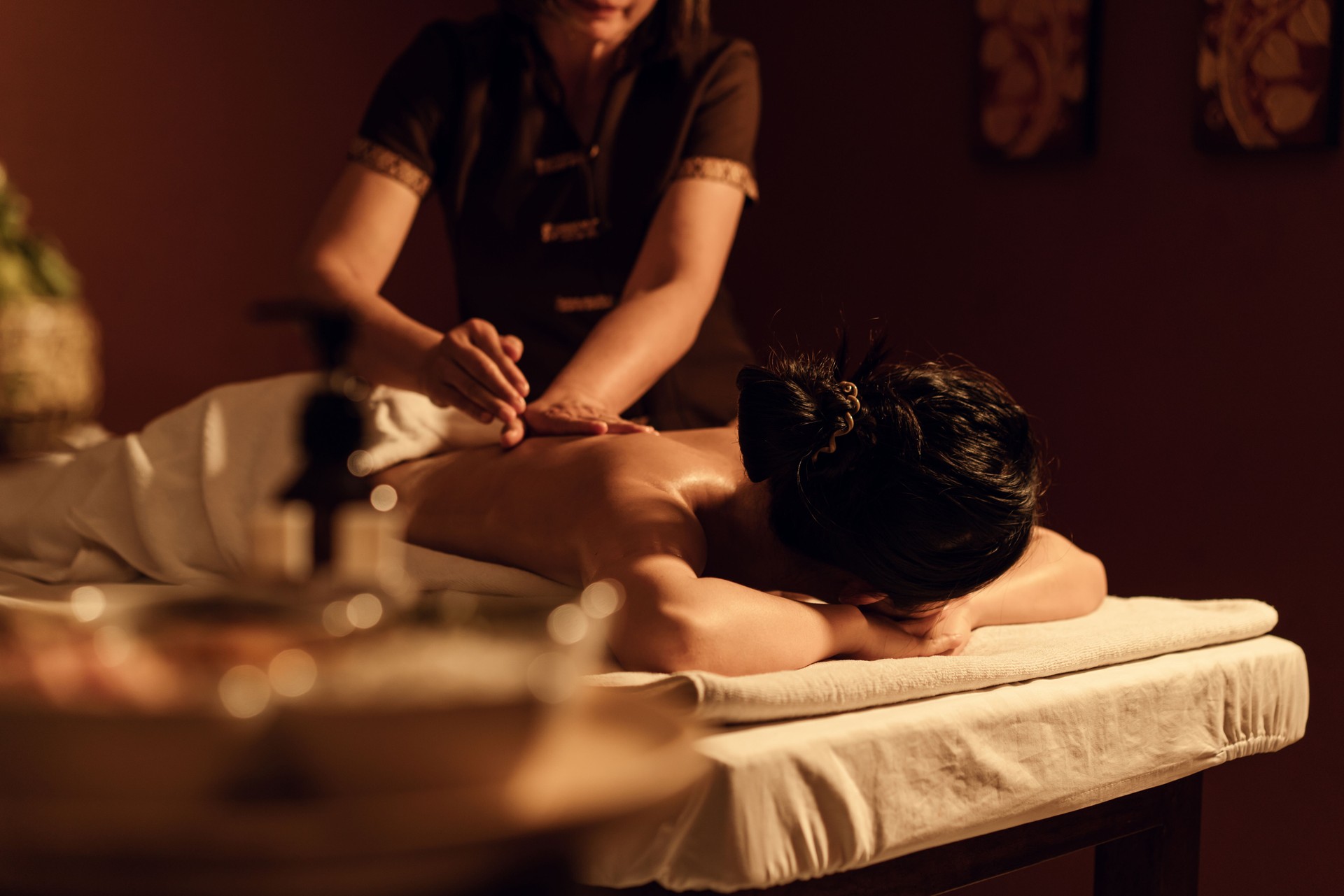Relaxation woman back massage with masseur in cosmetology spa centre. Relaxation woman back massage with masseur in cosmetology spa centre.